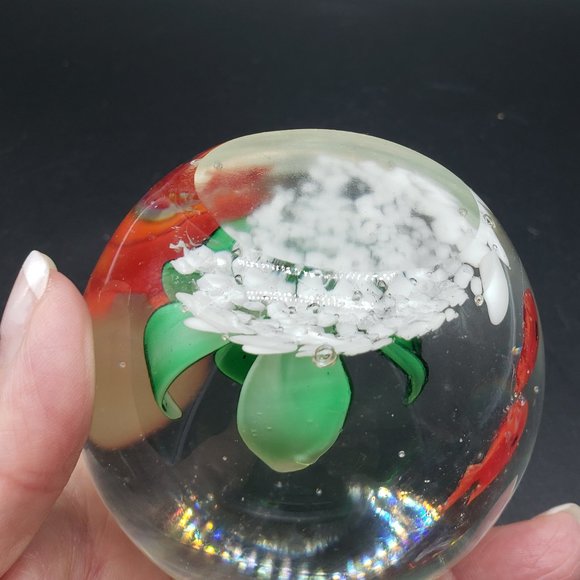 Clear Round Green Flower Red Fish Aquarium  Art Glass Paperweight - Picture 2 of 6